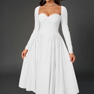 Elegant White Sweetheart Long Sleeve Dress, M